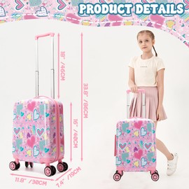 Inprof 3-Piece Luggage Set: 16'' Hardside Spinner Wheels Kids Carry On Suitcase, Duffle Bag, Neck Pillow & Free Luggage Tag - Pink, Mermaid Pattern