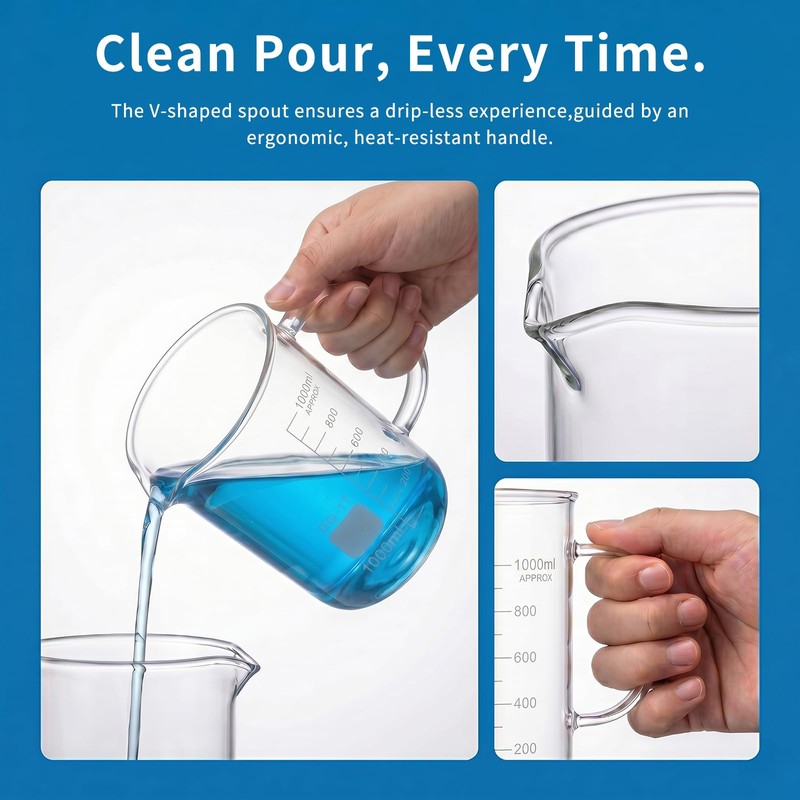 1000ml Borosilicate Glass Measuring Beaker, Handle Mug with Pouring Spout
