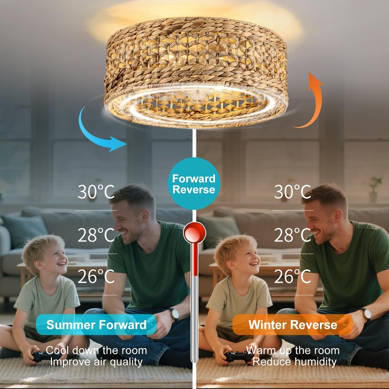 Rattan Ceiling Fans with Light and Remote, Boho Fandelier Ceiling