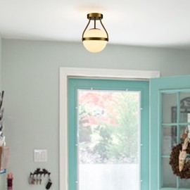HOLKIRT Modern Light Fixture,Mid Century Semi Flush Mount Ceiling Light,Kitchen Light Fixtures Hallway Light Fixtures Ceiling,Brass Globe Ceiling Light Bedroom with Opal Glass 7Inch/18CM