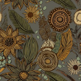 Grey Boho Wallpaper Peel and Stick, Vintage Yellow Floral Contact Paper, Botanical Flowers Retro Bohemia Wall Paper Self Adhesive Removable Waterproof for Walls Shelves Cabinet Table 17.5" x 118"