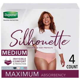 Depend Silhouette Incontinence and Postpartum Underwear for Women, Maximum Absorbency, Disposable, Medium, Pink/Black/Teal/Berry, 4 Count