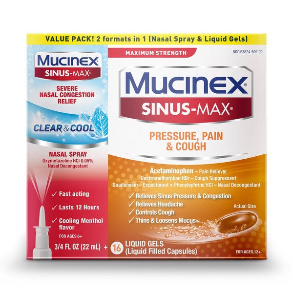 Mucinex Sinus-Max Maximum Strength Pressure, Pain & Cough Liquid Gels and Sinus-Max Severe Nasal Congestion, 3/4 Fl Oz + 16 Liquid Gels