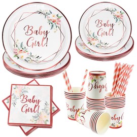Baby Shower Decoration Girls Party Tableware Set for 24 Guests, 120 Pieces Rose Gold Tableware, Removable Dinner Plate, Paper Cups, Paper Towels, Straws, Baby Shower, Gender Reveal (120 Pieces for 24