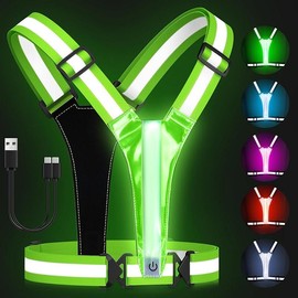 Zacre LED Reflective Vest Running Gear, 5 Lights Colors High Visibility Reflective Running Gear Rechargeable Light Up Running Vest for Walking Running Cycling, Adjustable for Men Women Kids - Color: Bright Green