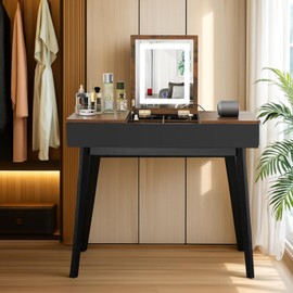 JanflyHome Vanity Desk, Small Makeup Vanity with Flip Top Mirror & LED Light, Rustic Makeup Vanity Desk with Power Outlet, Vanity Set with Cushioning Stool, Vintage Vanity for Bedroom, Black Brown