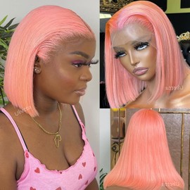 Pink Lace Front Bob Wig Human Hair, Gluleless 13x6 Lace Front Wigs Human Hair Pre Plucked 8 Inch Peach Pink Bob Wigs for Women 180% Density Slightly Bleachd Knots Swiss HD Lace Melted into Skin