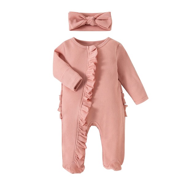 Newborn Infant Girl Footies Romper Solid Color Frills Baby Jumpsuit Zip Up Onesie Clothes Headband 0-12M (Pink, Newborn)