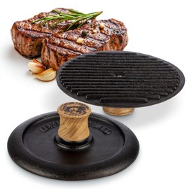 Classic Cuisine Grill Press and Steak Weight - 7.25 Round Heavy-Duty Cast Iron Burger Press with Wood Handle - Pre-Seasoned Griddle Accessories for Steaks, Burgers, and Bacon - Kitchen Gadgets by Classic Cuisine