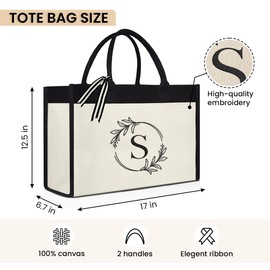 SANDJEST Letter S Monogrammed Canvas Tote Bag Embroidered Initial Beach Totes Bags Gifts for Women Friend Coworker Bridesmaid