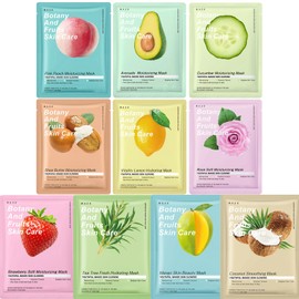 Pack of 10 Cloth Masks Face - Moisturising Face Mask with Fruit and Plant Extracts - Face Mask Set Women - Leaf Masks for Face Skin Care Beauty Set Women Sheet Face Mask