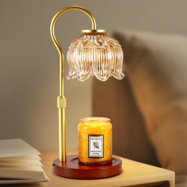 Dreamholder Electric Candle Warmer Lamp with Timer & Dimmer, Adjustable Height Wax Melt Warmer for Jar Candles, Wood Base Candle Melter, Floral Home Decor Gifts for Women, Walnut Gold