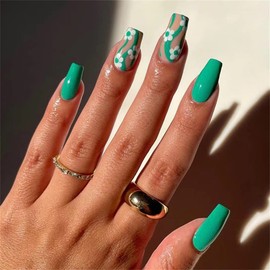 24 PCS Cute Flowers Press On False Nails Short Medium Length Full Cover Acrylic Ballerina Fake Nails Almond Shaped Nails Summer Fashion Nail Salons and Home DIY Nail Art (JP2018 Square, Green)