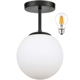 Globe Semi Flush Mount Ceiling Light, Mid Century Modern Light Fixture Ceiling, Milk Glass with Matte Black Finish, Living Room Kitchen Bedroom Hallway Storage Schoolhouse Laundry(LED Bulb Incl.)
