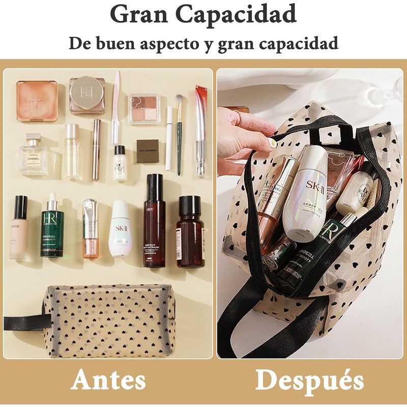 Set 5 Bolsas de Malla Transparente con Estampado Corazón, Neceser
