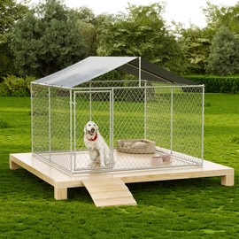 LAUSAINT HOME 7.5'x7.5' Large Outdoor Dog Kennel, Heavy Duty Outside Dog Cage Pet Kennel with Roof and Secure Lock, Waterproof & Galvanized Steel Pet House for Backyard