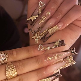 FIEONCIY FIEONCIY Press on Nails Long Coffin Shaped Acrylic Glossy Full Cover Long Square French False Nails with Designs Artificial Extra Long Fake Nails with Charms Glue ons Fingernails for Women(XG10114)