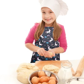 XonyiCos Kids Boys Dinosaur Apron with Pockets, Girls Aprons for Cooking, Painting, Chef Apron for Children 3-12 Years, Black & Unicorn