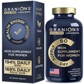 Granions Vegan Iron Supplements for Women - 194% Daily Womens Iron Supplement for Pregnancy and Anemia Folic Acid Prenatal Vitamins - 168% Folate Folic Acid - 60 Tablets