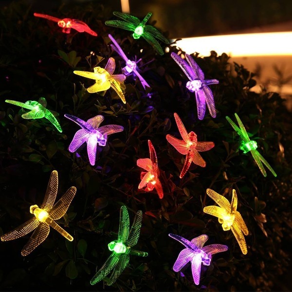 DINOWIN Dragonfly Lights, 20FT/6M 30 LED Solar String Lights with 8 Modes Lights Waterproof for Outdoor, Garden, Christmas Decorations (Multicolor)