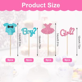JJUNW 36Pcs Boy or Girl Cupcake Toppers Pink and Blue Glitter Onesie Dress Gender Reveal Cupcake Decorations for Baby Shower Gender Reveal Kids Birthday Party Supplies