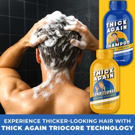 Thick Again Men's Hair Thickening Shampoo & Conditioner System with TrioCore Scalp Care Technology - Natural Solution for Fuller, Thicker-Looking Hair - Biotin Formula (30 Day, Sandalwood)