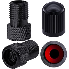 MEAJOO 2PCS Presta Valve Adapter, Aluminum Convert Presta to Schrader Adaptor, Inflate Tire Using Standard Pump or Air Compressor for Bikes, 2 x Black Tire Valve Caps(Reticulated Grain Style, Black)