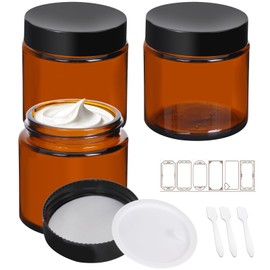 Mcupper 3 Pack 4 oz Amber Glass Jars with Lids, Cosmetic Jars with Black Lids, Glass Lotion Containers, Candle Making Containers for Lotions, Scrubs and Cosmetic, Lables and Spatulas Include