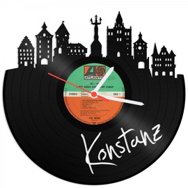 GRAVURZEILE Vinyl Record Clock - Skyline Konstanz - Wall Clock Made of Cast Vinyl with City Skyline 30 cm - Upcycling Design Clock Wall Decoration Vintage Clock Wall Decoration Retro Clock - Made in