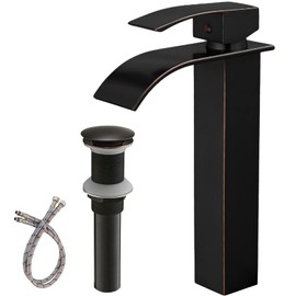 BWE Vessel Sink Faucet Modern Waterfall Oil Rubbed Bronze Single Hole Bathroom Faucet Single Handle with Pop up Drain without Overflow Assembly Vanity Basin Bath Sink Faucets Mixer Tap Lead-Free