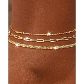 3 PCS Gold Layered Anklets for Women Dainty Gold Beaded Paperclip Chain Anklets Waterproof Non Tarnish Ankle Bracelet Set Summer Beach Foot Chain Jewelry Gifts for Her