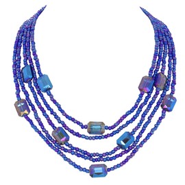 Coiris Multi Seed Bead Strand Necklace with Acrylic Rectangular Beads Chunky Bib Statement Rice Beads Collar Necklace(N0108-Royal Blue Rectangle)