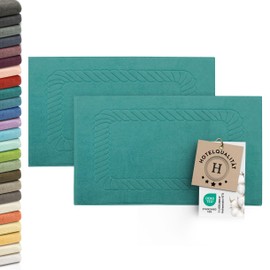 ZOLLNER Bath Mats, Set of 2, Soft and Absorbent Shower Mats, Washable up to 95 °C, Cotton, 50 x 70 cm, Turquoise