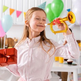 Veemoon Golden Plastic Bugle Horn, 1PCS Mini Trumpet Prop Musical Instrument Hand Held Trumpet Bugle Horn Cheering Props Party Favor for Christmas Party