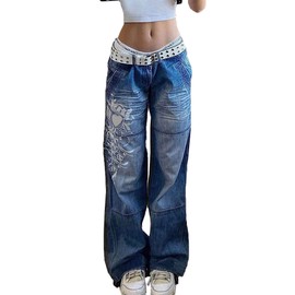 Xineicy Women's Low Rise Heart Pattern Baggy Jeans Washed Wide Leg Denim Cargo Pants
