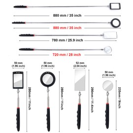 KABUDA 4PCS Telescoping Inspection Mirror LED Lighted Inspection Mirror for Mechanic Checking Vehicle, Car, Eyelashes, Mouth, Small Parts Observation (Extendable, Rectangle & Round)