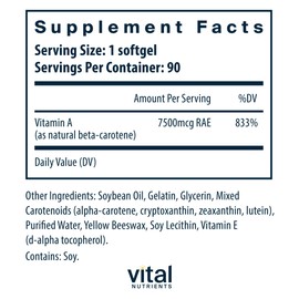 Vital Nutrients Natural Beta Carotene 25,000IU | Precursor to Vitamin A | High-Dose Antioxidant | Vision, Skin, and Health Support | Gluten, Dairy, Soy Free | 90 Softgels