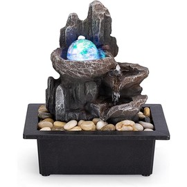 Tabletop Fountain Rotating Ball Rock Waterfall Fountain Office Tabletop Fountains for Home Office Decor Includes Many Natural River Rocks Decorated with Colorful Lights and Rolling Ball