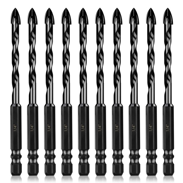 HPHOPE 10Pcs Masonry Drill Bits Set - 1/4" Concrete Drill
