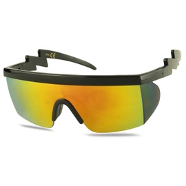 ShadyVEU Retro Oversized ZigZag Arms Flat Top Mirrored Color Lens Unisex Sunglasses (Black Frame/Fire Lens)