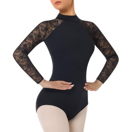 Mulnall Women's Ballet Stand Collar with High Neck Lace Backless Ballet Adult Gymnastics Leotard Women's Ballet Clothing, Long Sleeve Black
