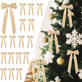 Senjie 16Pcs Velvet Ribbon Bows for Christmas Tree, Vintage Rustic Small Craft Bows Ornaments for Garland Wreath Gift Wrapping Candy Bags Party DIY Decorations (Khaki, 5" x 10", Width of 1")