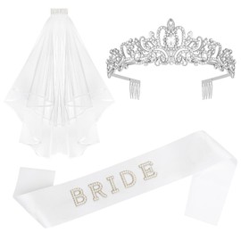 AMCAMI 3Pcs Bachelorette Party Decorations Silver Crown, Pearl Bride Sash&Veil For Women Bridal Shower Decorations Bachelorette Party Favors