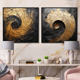 DesignQ Oversized Modern Canvas Framed Wall Decor Set - Large Gold Elegant Wall Art - Stylish Black & Gold Pottery Circles - 73"x36" - Multipanel Abstract Spirals Framed Canvas Set