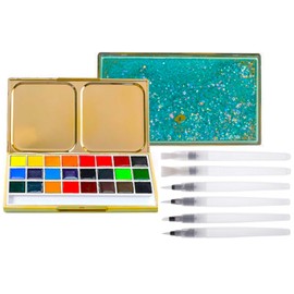 COOLPIPIT Travel Watercolor Paint Set with 24 Color Palette Watercolor Paints, Set of 6 Watercolor Pens, Stylish, Cute, Three-Dimensional Quicksand Palette, Gift, Water Brush, Perfect for Carrying!