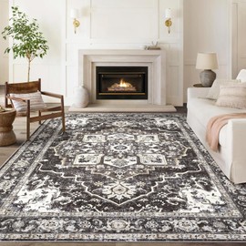 Micgeek Area Rug for Living Room: 8x10 Washable Vintage Neutral Soft Non Slip Thin Large Floor Carpet for Bedroom Kitchen Dining Room Home Office Farmhouse Indoor - Black