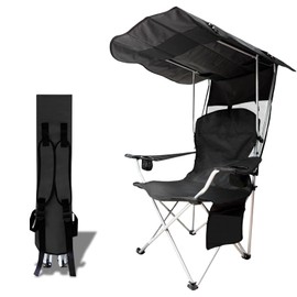 CAMP SOLUTIONS Portable Camping Chair with Canopy Shade- Folding Camping Lounge Chair with Cup Holder & Side Pocket for Outdoor Camping, Fishing, Beach - Support 330 LBS (Black)