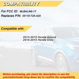 Vurkcy Key Fob Replacement for 2013 2014 2015 Honda Accord/ 14 15 Civic Car Keyless Entry Remote Control, MLBHLIK6-1T 35118-T2A-A20, 4 Buttons