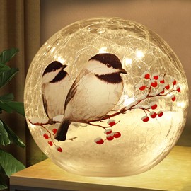 Glass Ball LED Night Lamp with Timer (6 Hour On/18 Hour Off), Showcasing 2 Birds on a Tree - 5.9 inch Battery Powered Lights Globe lamp Christmas Lights for Festive Decor and Girls Gift