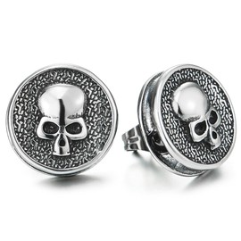 Skull Stud Earrings, Mens Women Biker Vintage Circle Earrings in Stainless Steel, Punk Rock, 2 pcs(CA)